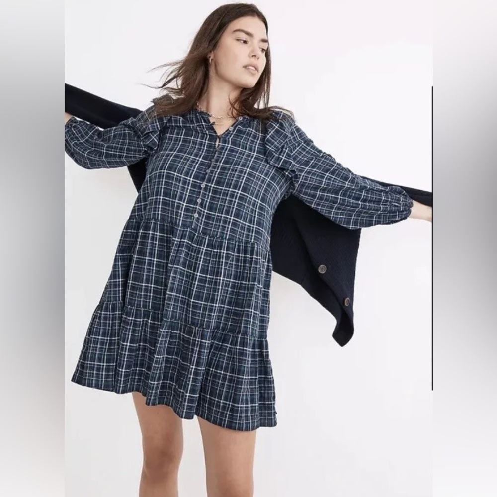 💋Madewell Ruffle Plaid Long Sleeve Dress Sz XS